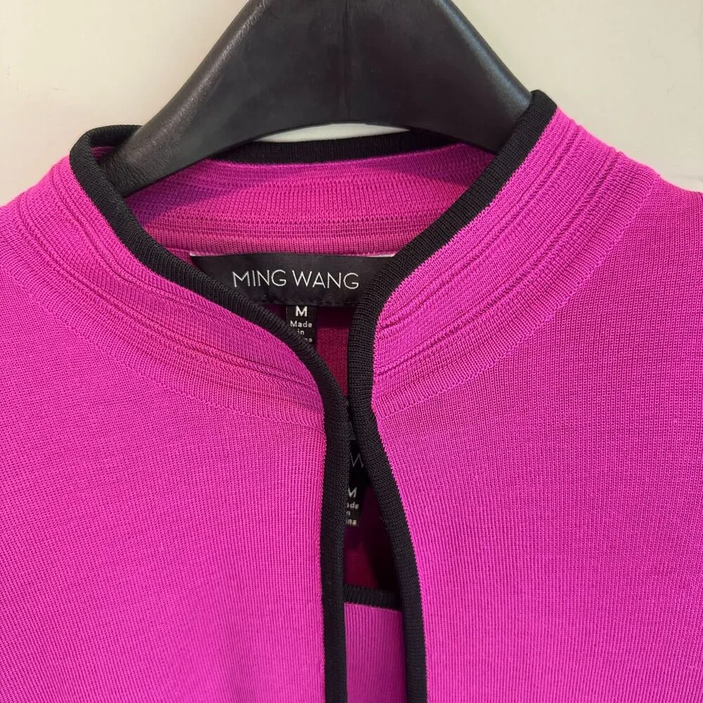 Ming Wang Women's M Fuchsia Textured Twin Set Black Trim Cardigan Shell